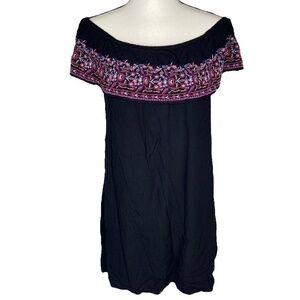 Arizona Jean Co Dress Black Off The Shoulder Floral Embroidered Dress Size Large